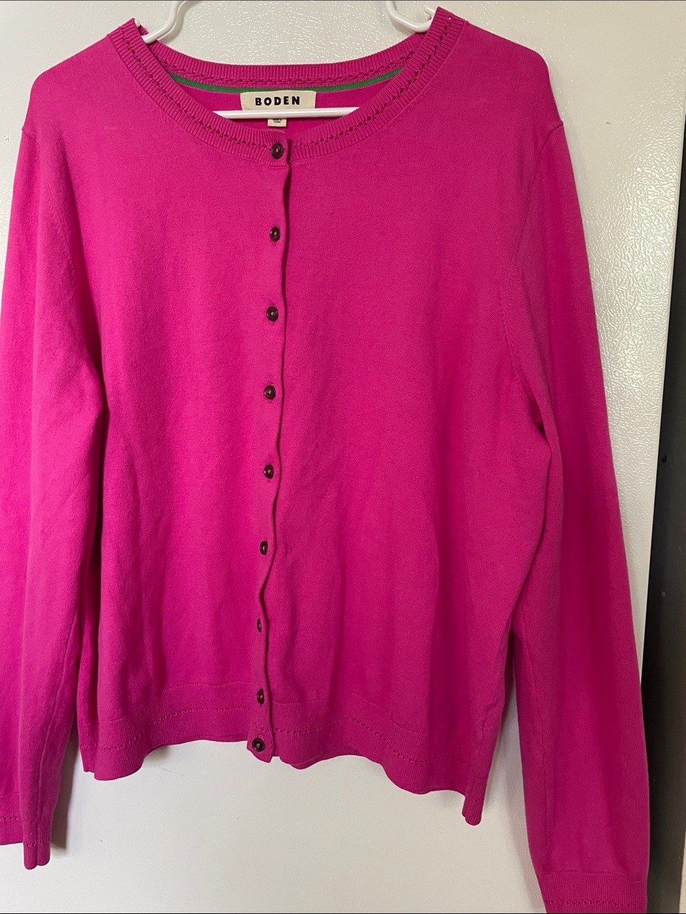 Boden XL Cotton Blend Feminine Fuchsia Crewneck Button Cardigan